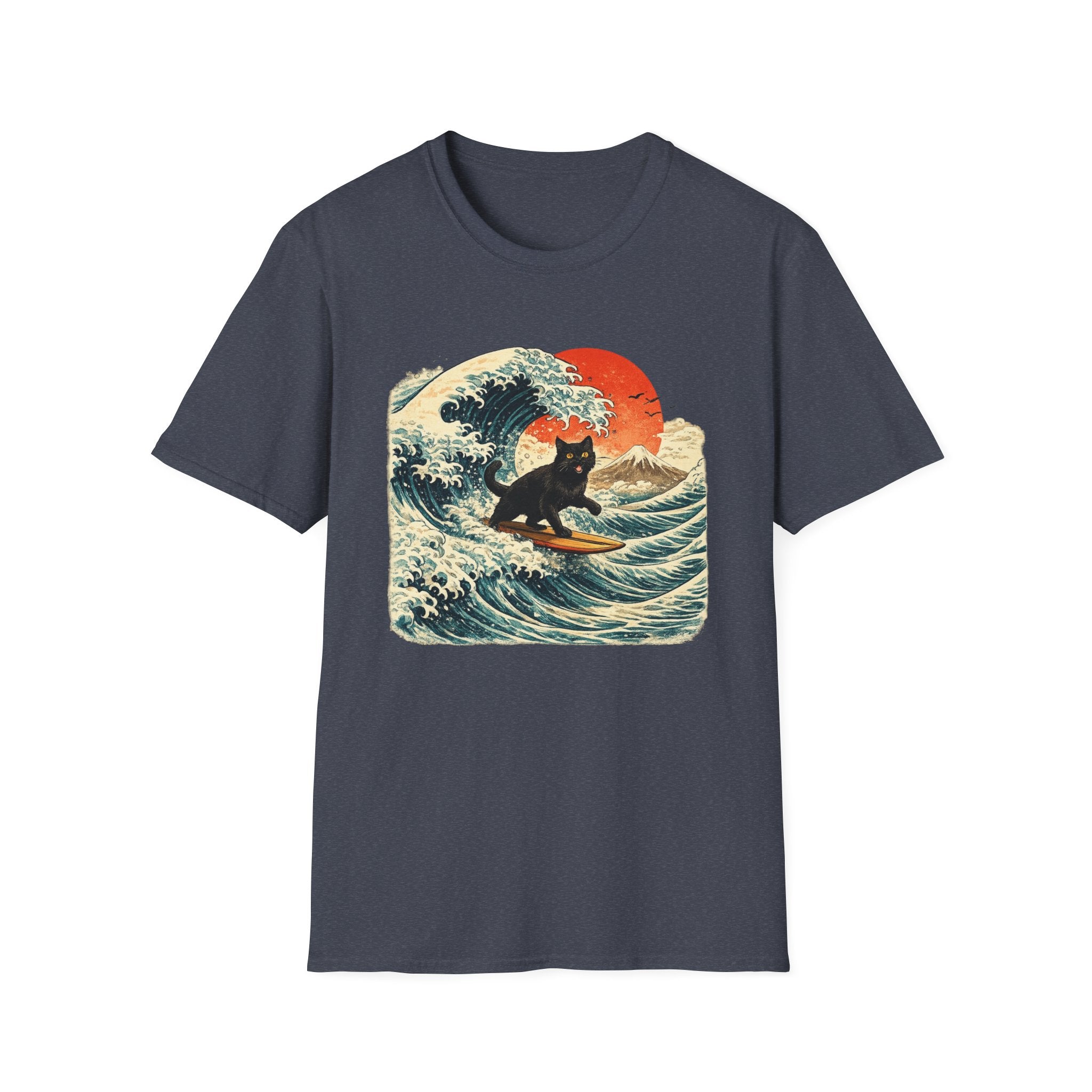 Camiseta Surfing Cat — Camiseta con gráfico de atardecer estilo japonés con olas retro