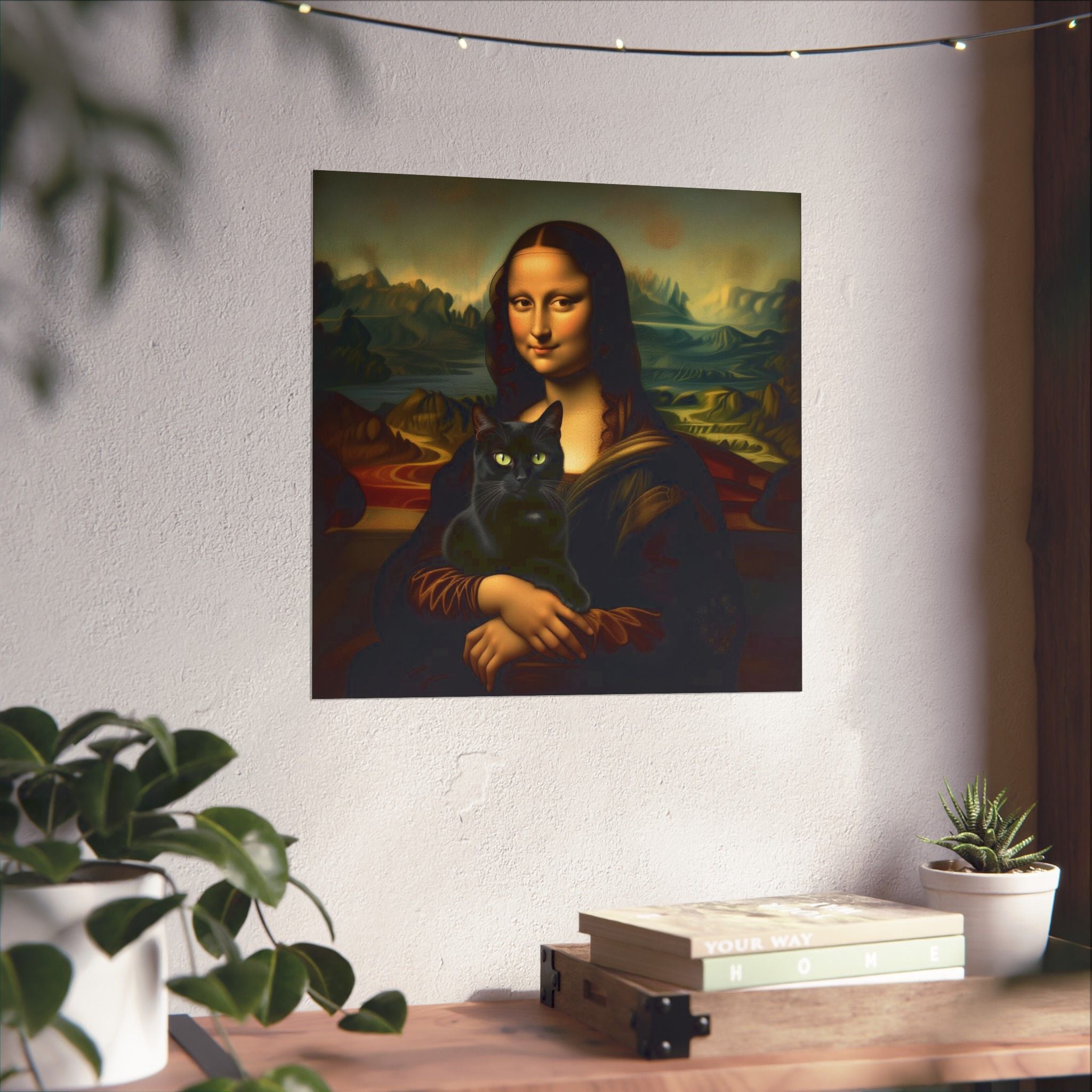 Póster mate de Mona Lisa con gato negro — Impresión artística vintage
