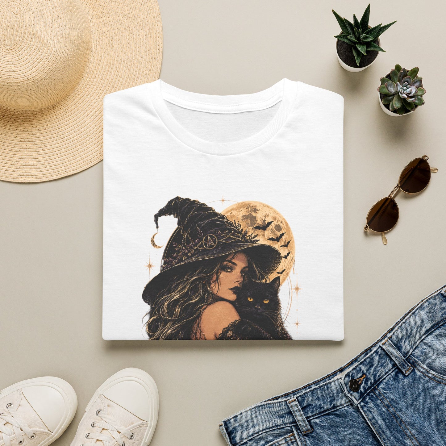 Witch & Black Cat Moon T-Shirt — Mystical Halloween Graphic Tee