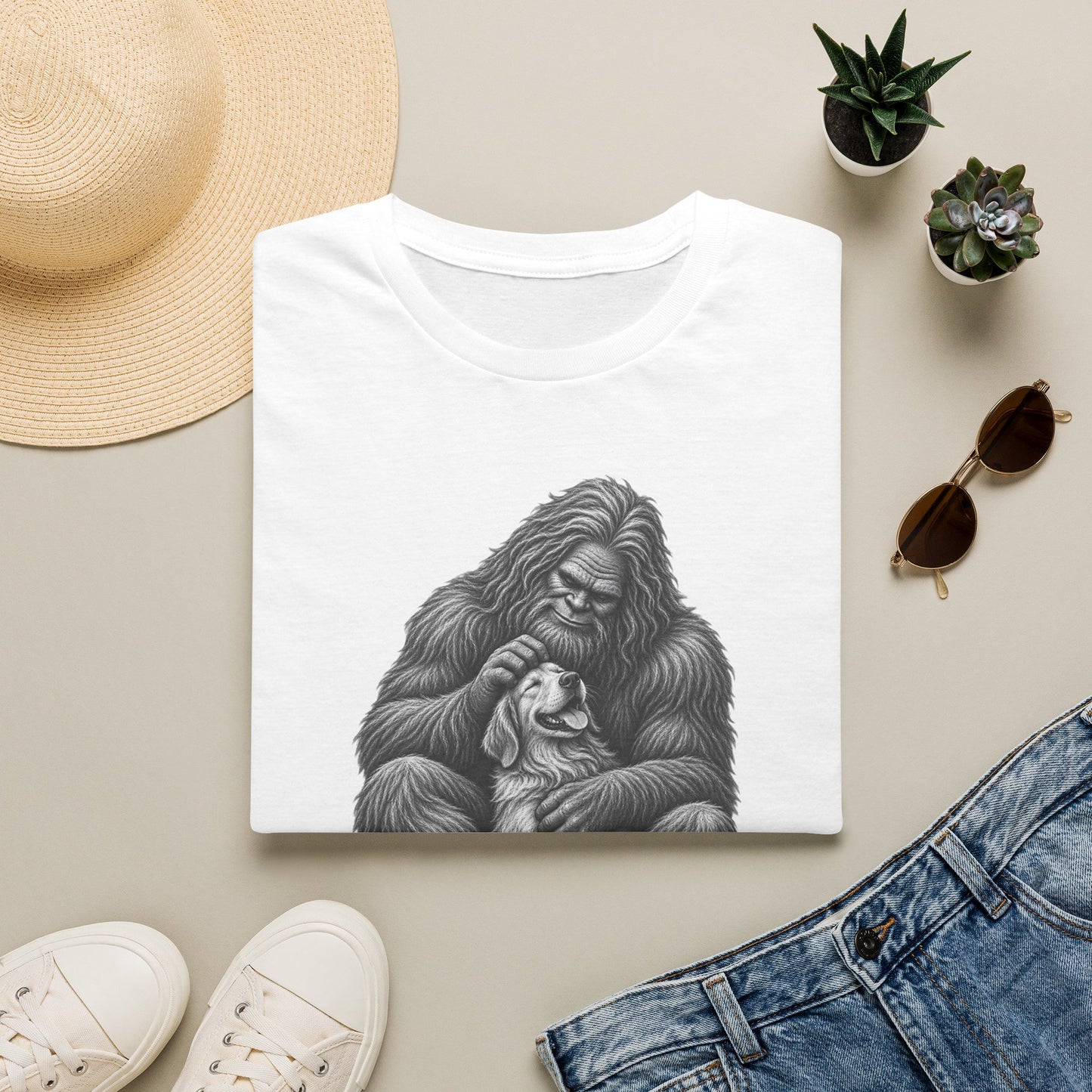 Bigfoot & Puppy Tee — Gentle Sasquatch Holding Dog Graphic T-Shirt