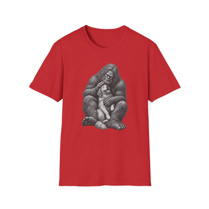Bigfoot & Puppy Tee — Gentle Sasquatch Holding Dog Graphic T-Shirt