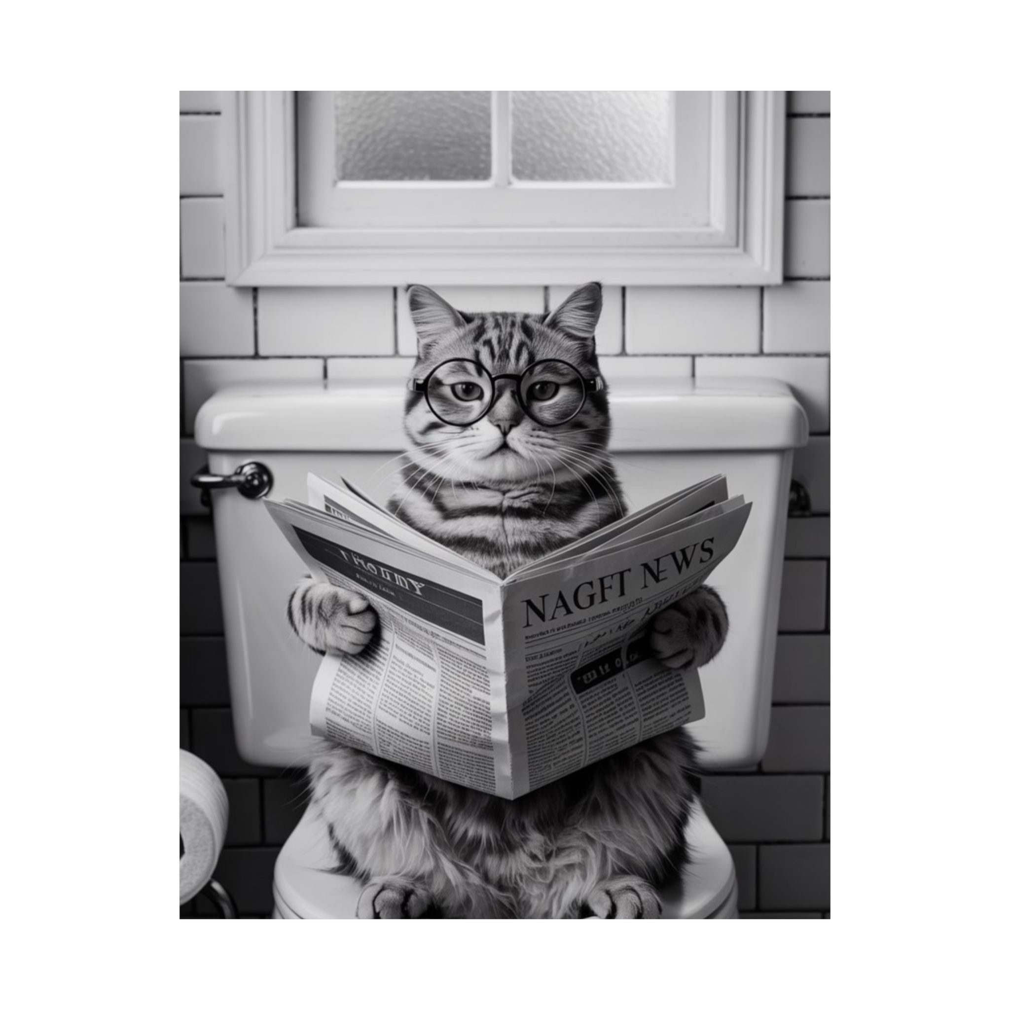 Digital download Cat Reading Newspaper Poster — Funny Black & White Matte Vertical Wall Art