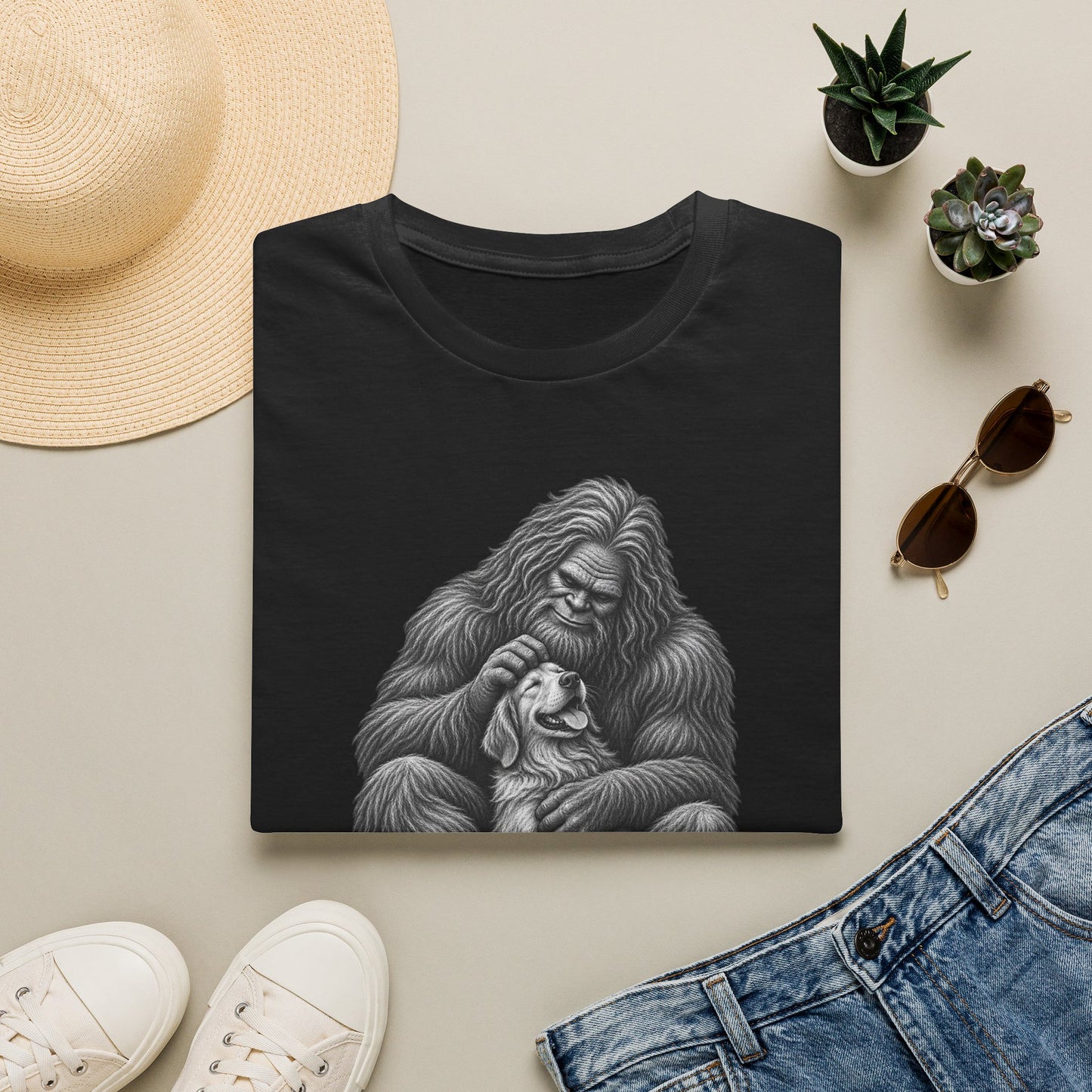 Bigfoot & Puppy Tee — Gentle Sasquatch Holding Dog Graphic T-Shirt