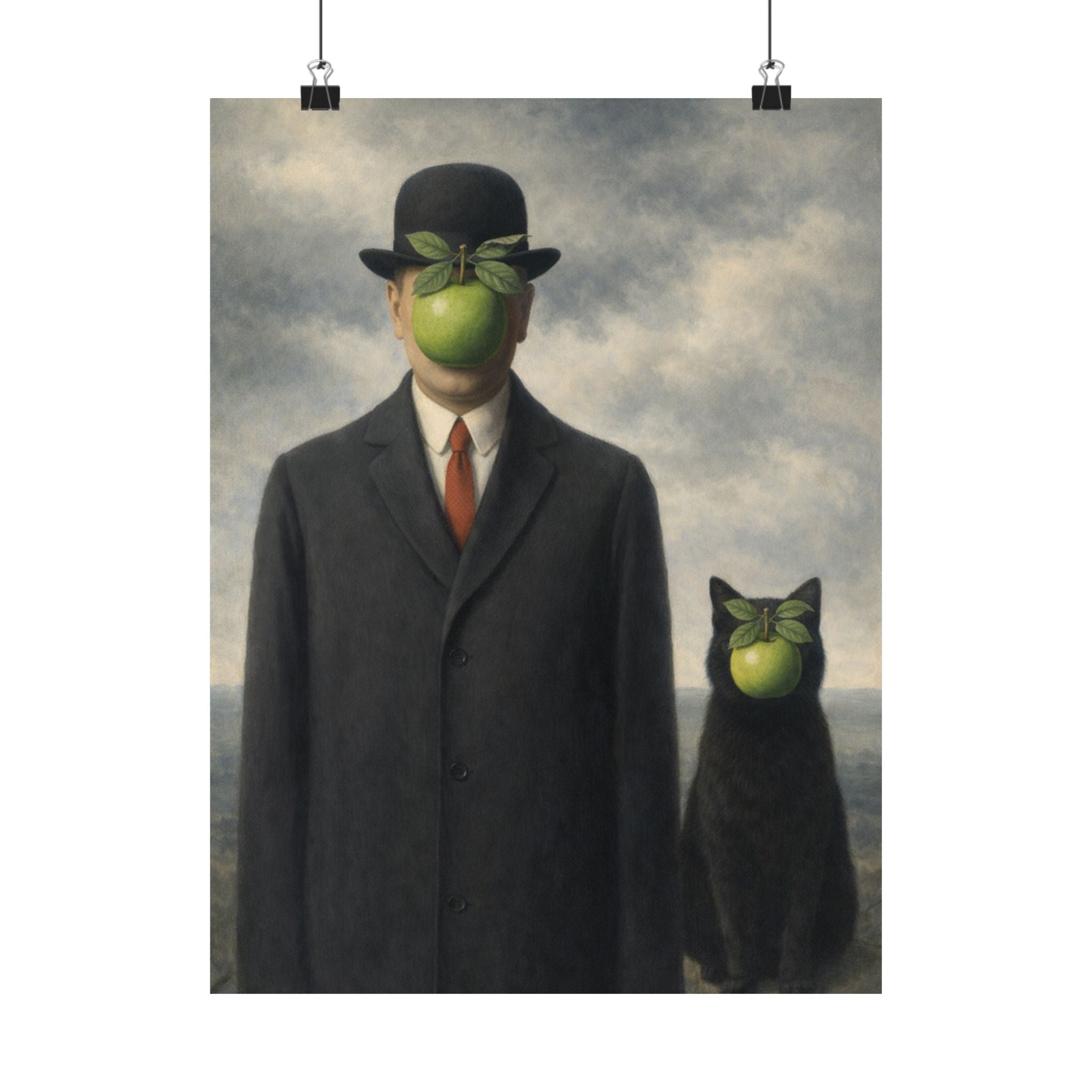 Digital download Surreal Apple-Faced Man & Cat Matte Poster — Vintage René Magritte Style Art Print