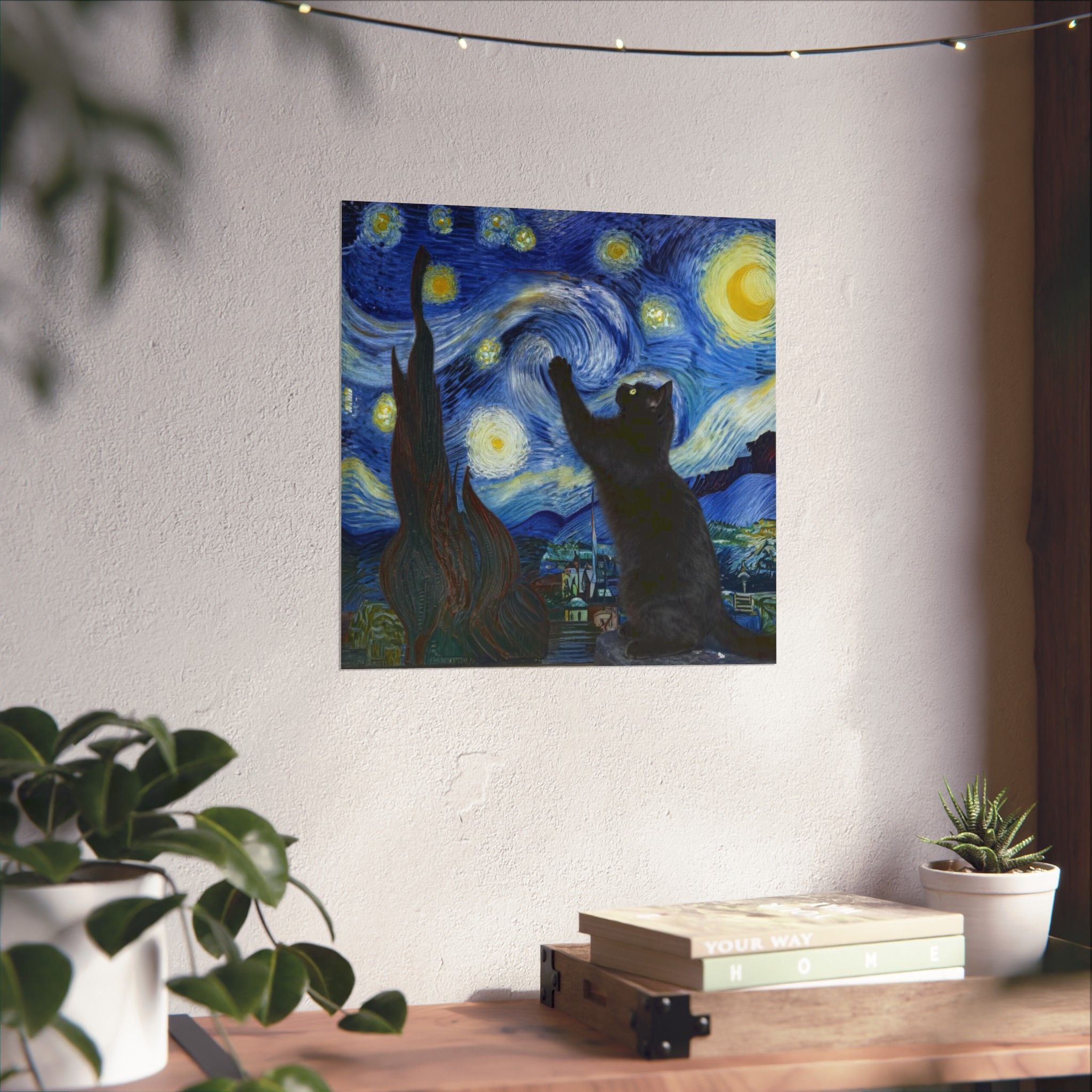 Descarga digital del póster "Gato en la noche estrellada": arte mural de gato negro, impresión de cielo nocturno estilo Van Gogh.