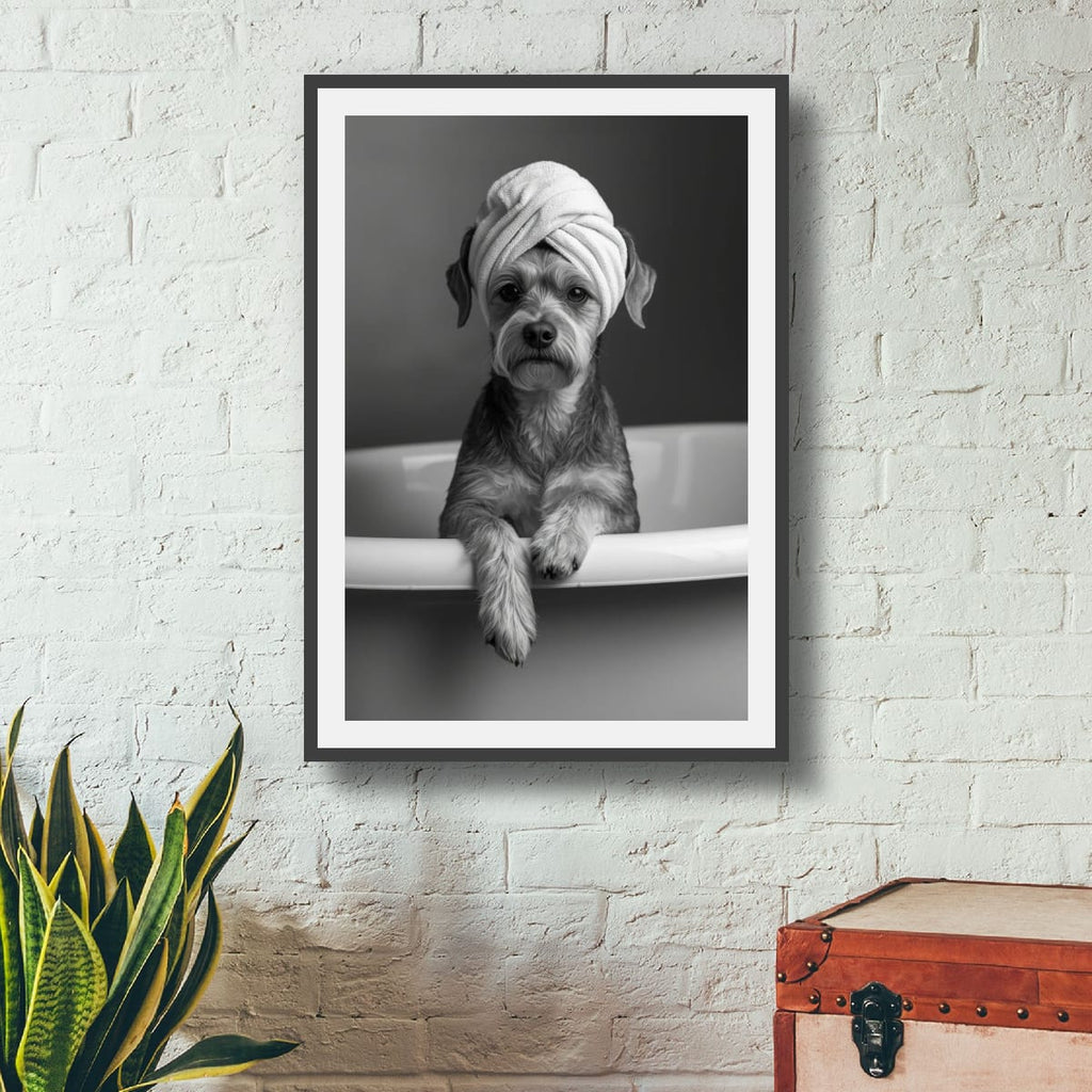 Spa Pup Matte Vertical Poster — Black & White Dog in Bathtub Print