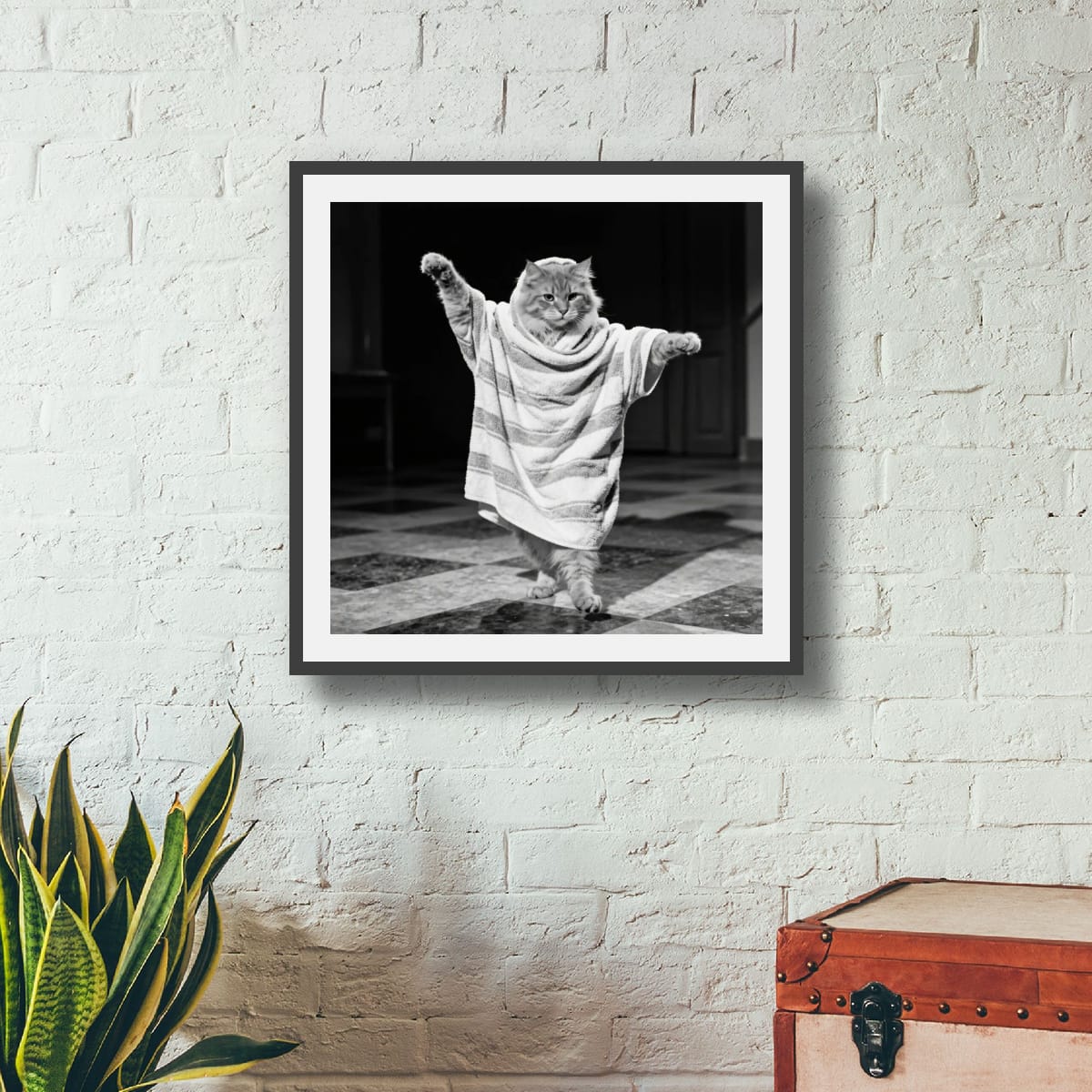 Digital download Dancing Cat Matte Vertical Poster — Vintage Black & White Cat in Towel