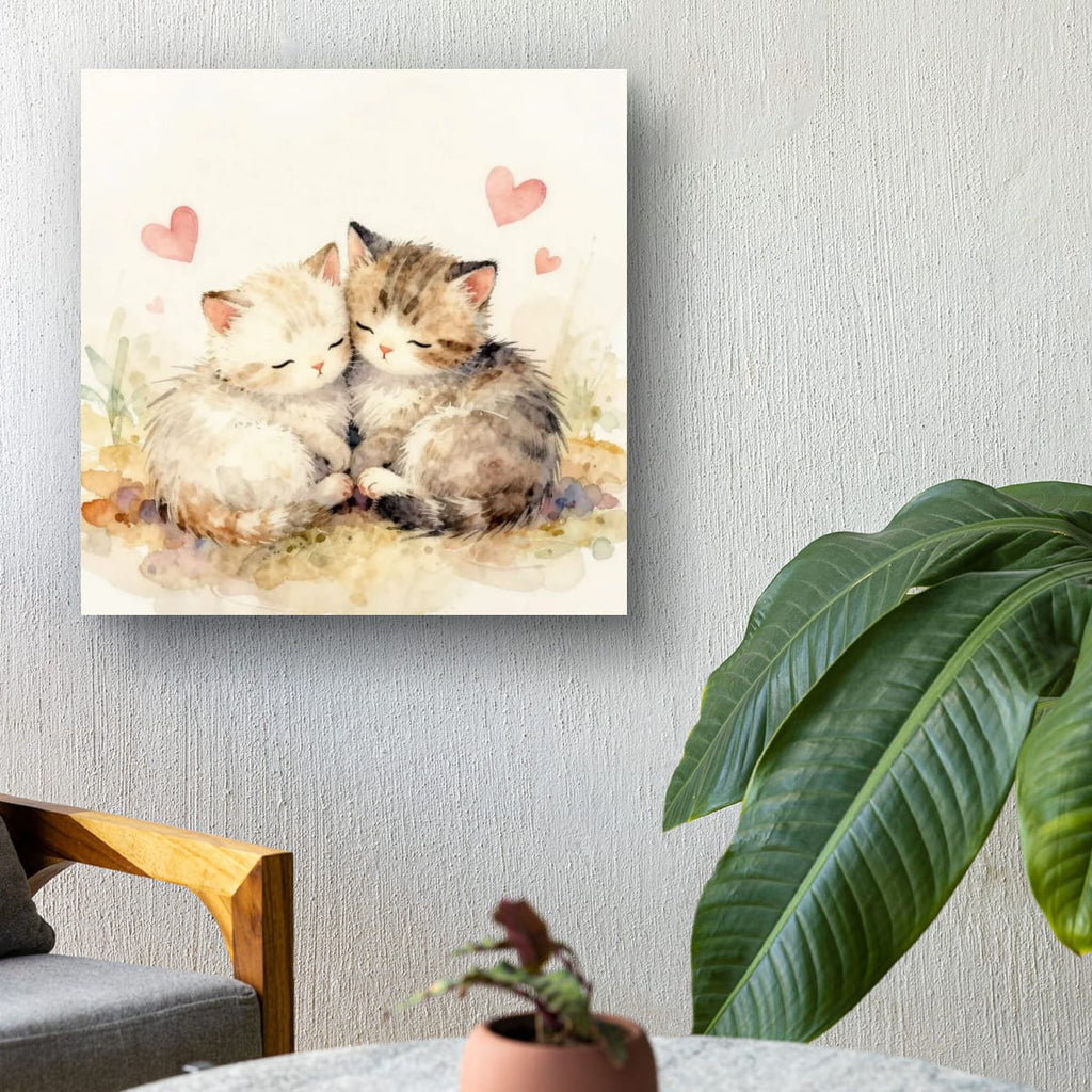 Cute Watercolor Kittens Matte Poster — Sleeping Cats with Hearts
