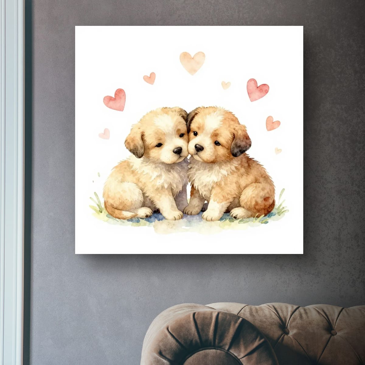Puppy Love Matte Poster — Watercolor Puppies with Hearts