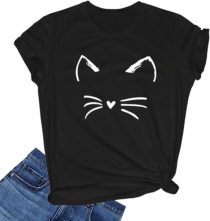 Camiseta con cara de gato y nariz de corazón: una linda camiseta con gráficos minimalistas para amantes de los gatos