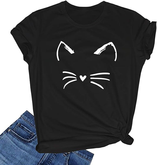 Camiseta con cara de gato y nariz de corazón: una linda camiseta con gráficos minimalistas para amantes de los gatos