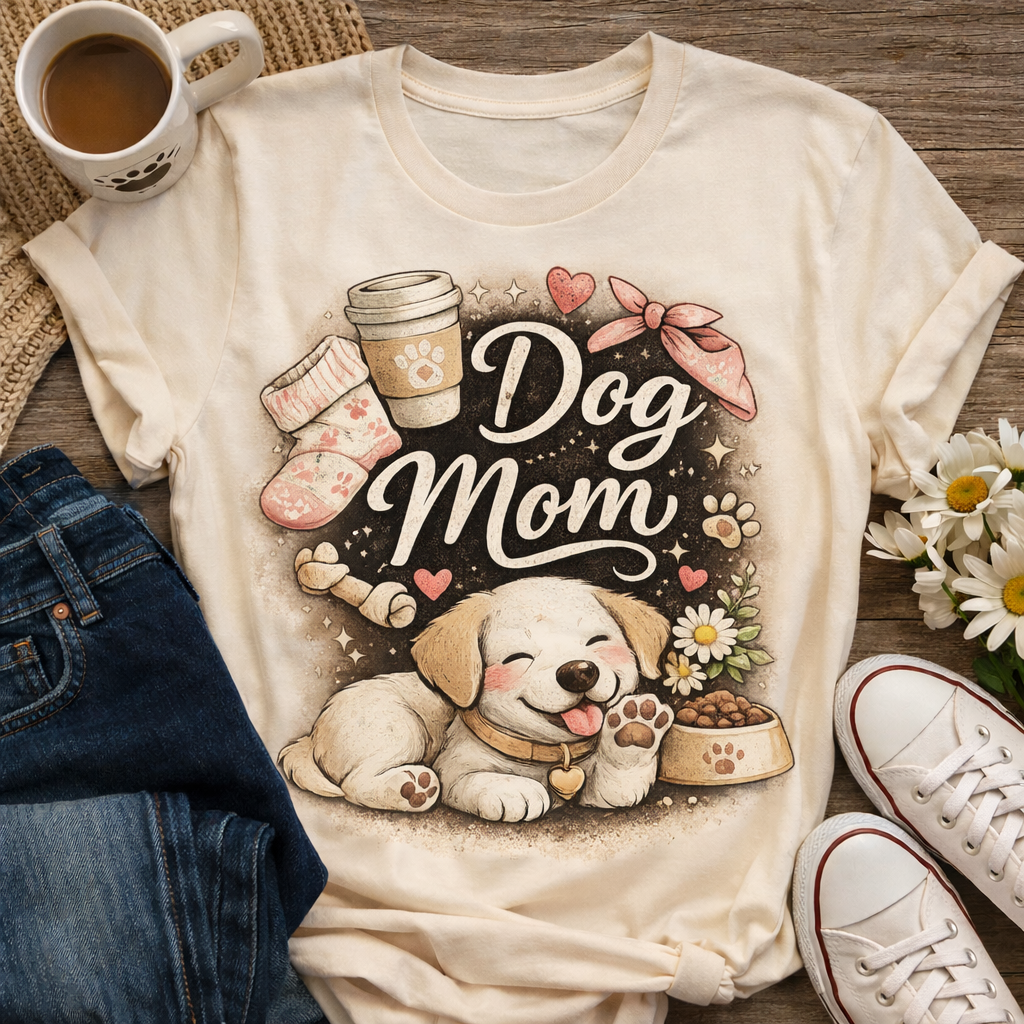 Dog Mom T-Shirt — Cute Puppy, Coffee & Floral Design