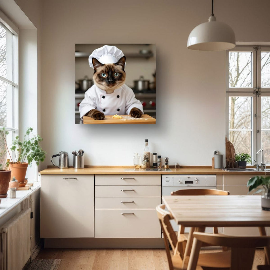 Póster de gato chef: adorable gato siamés con traje de chef, arte mural vertical mate