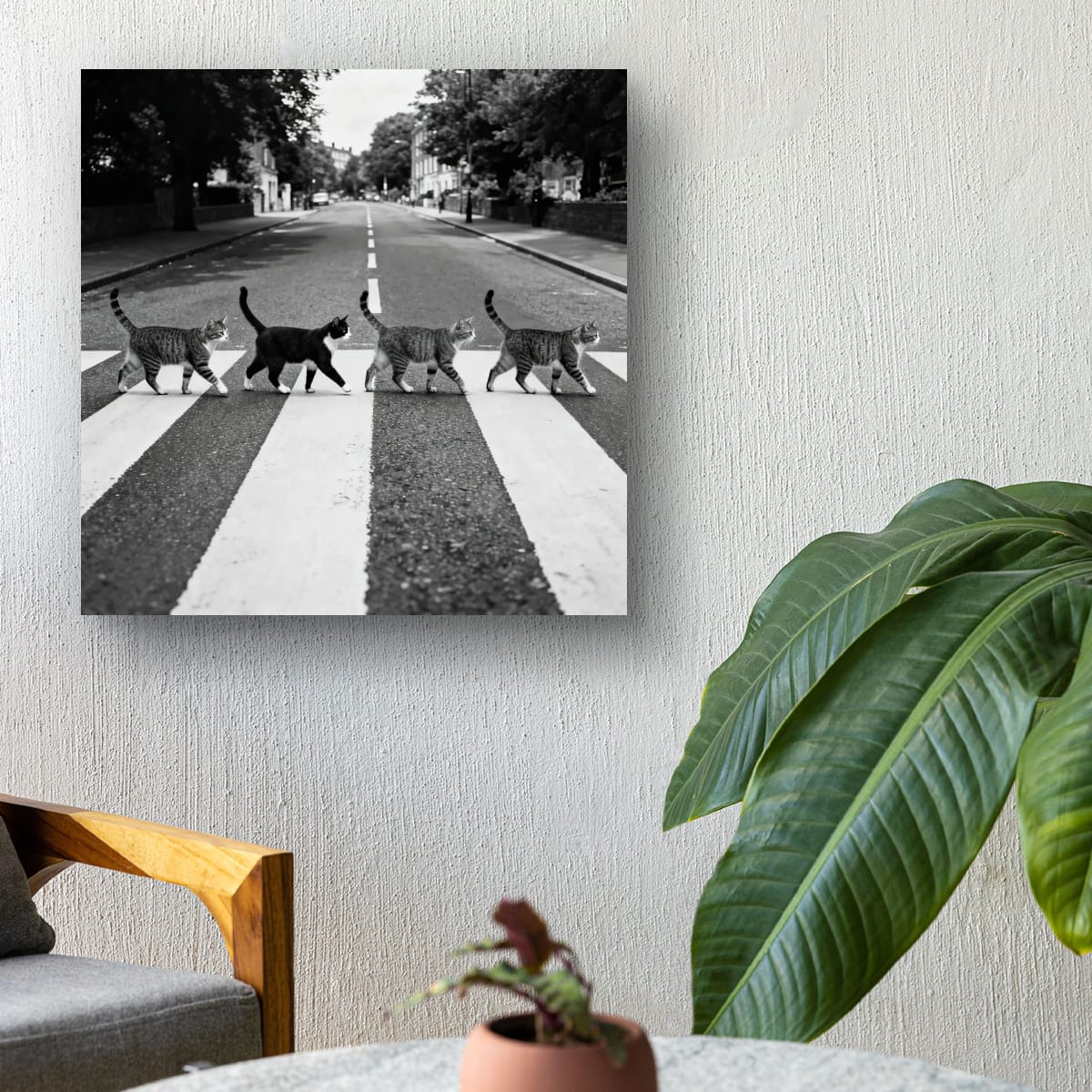 Gato cruzando Abbey Road — Póster vertical mate en blanco y negro