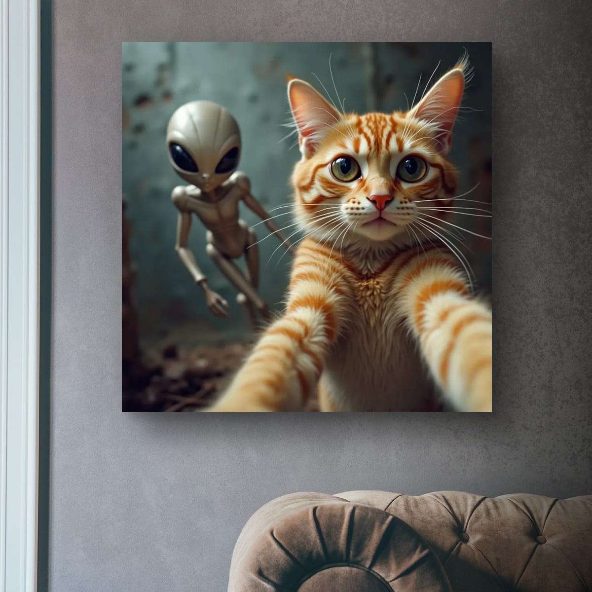 Descarga digital: Póster de gato extraterrestre con fotobomba — Arte mural vertical mate