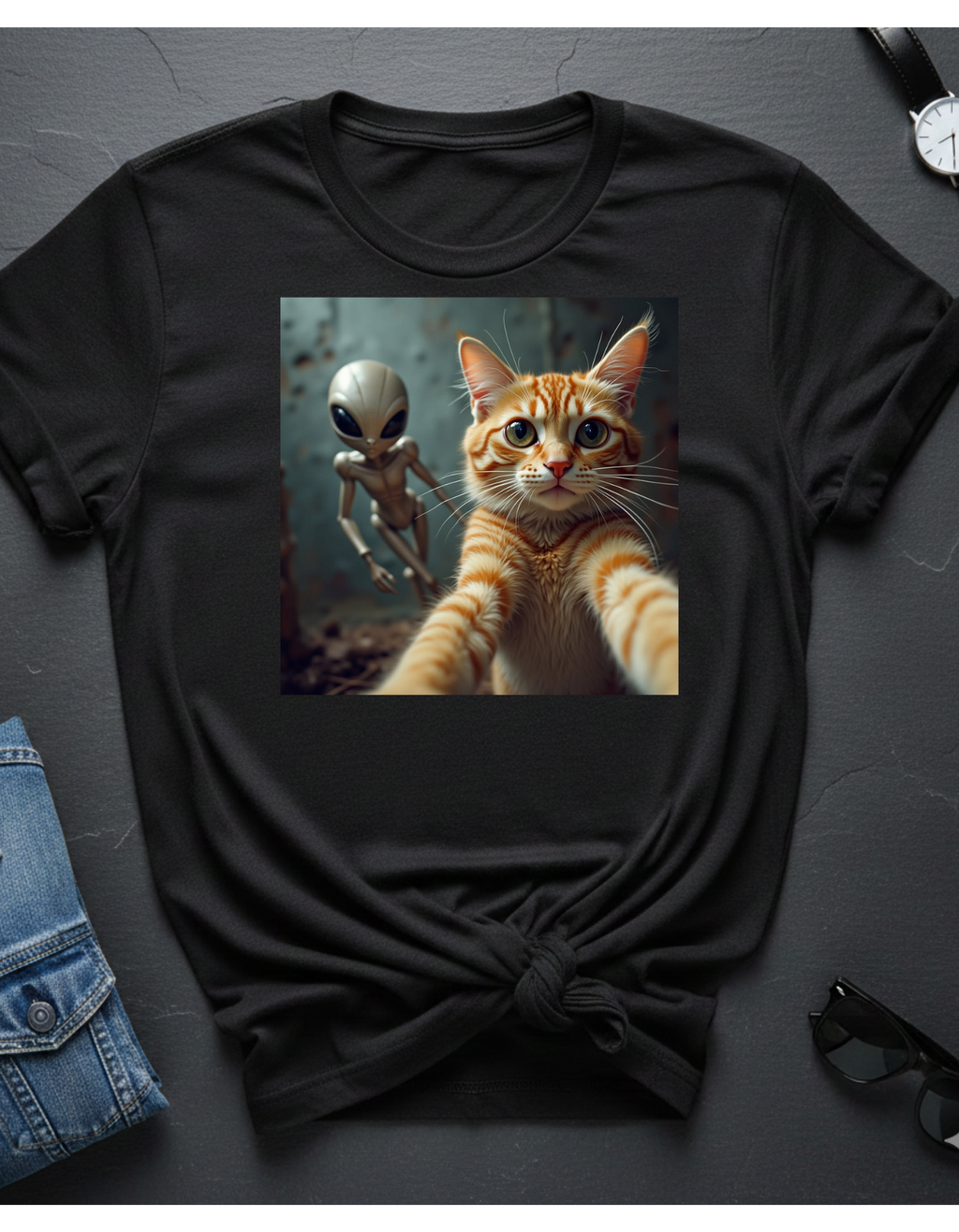Camiseta Selfie Extraterrestre — Camiseta con gráfico de un lindo gato pelirrojo y un amigo OVNI