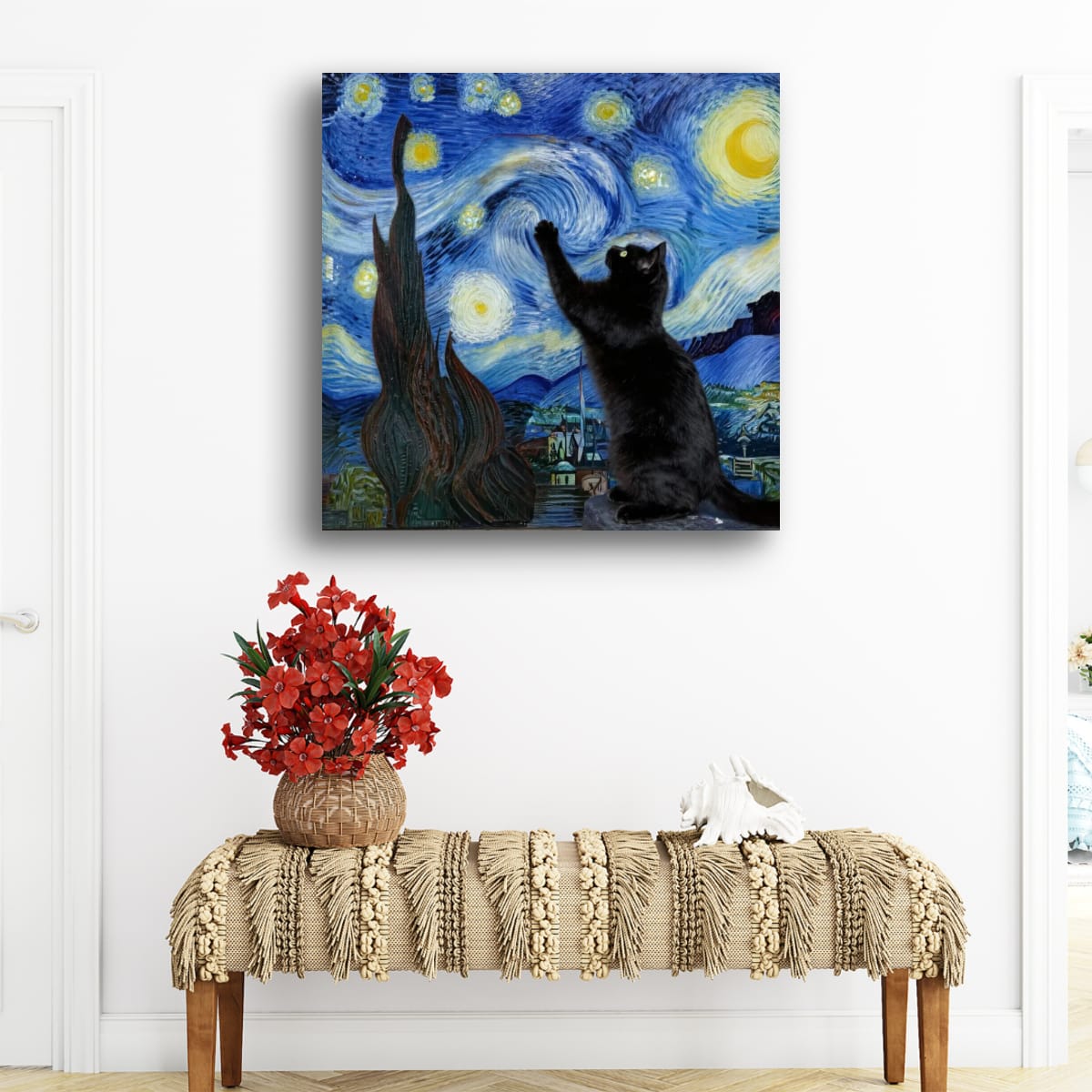 Descarga digital del póster "Gato en la noche estrellada": arte mural de gato negro, impresión de cielo nocturno estilo Van Gogh.
