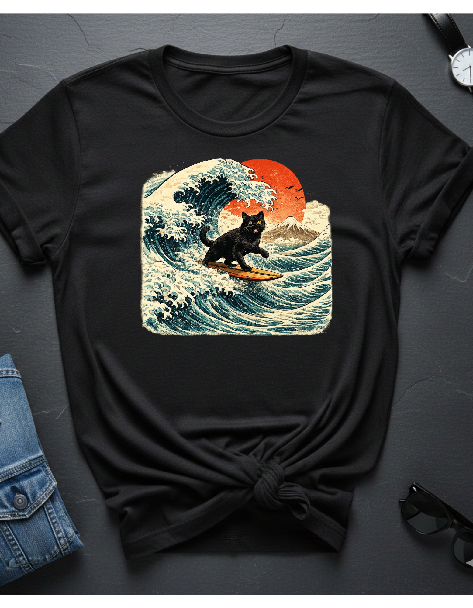 Camiseta Surfing Cat — Camiseta con gráfico de atardecer estilo japonés con olas retro