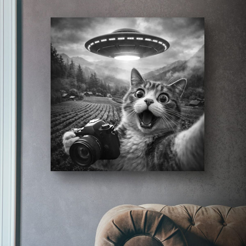 Selfie de gato con póster de OVNI