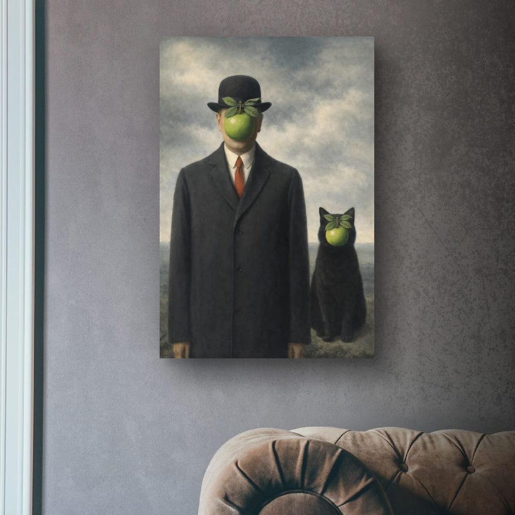 Surreal Apple-Faced Man & Cat Matte Poster — Vintage René Magritte Style Art Print