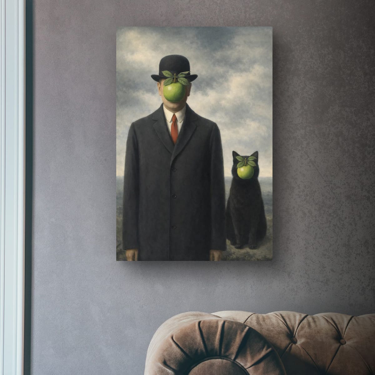 Digital download Surreal Apple-Faced Man & Cat Matte Poster — Vintage René Magritte Style Art Print