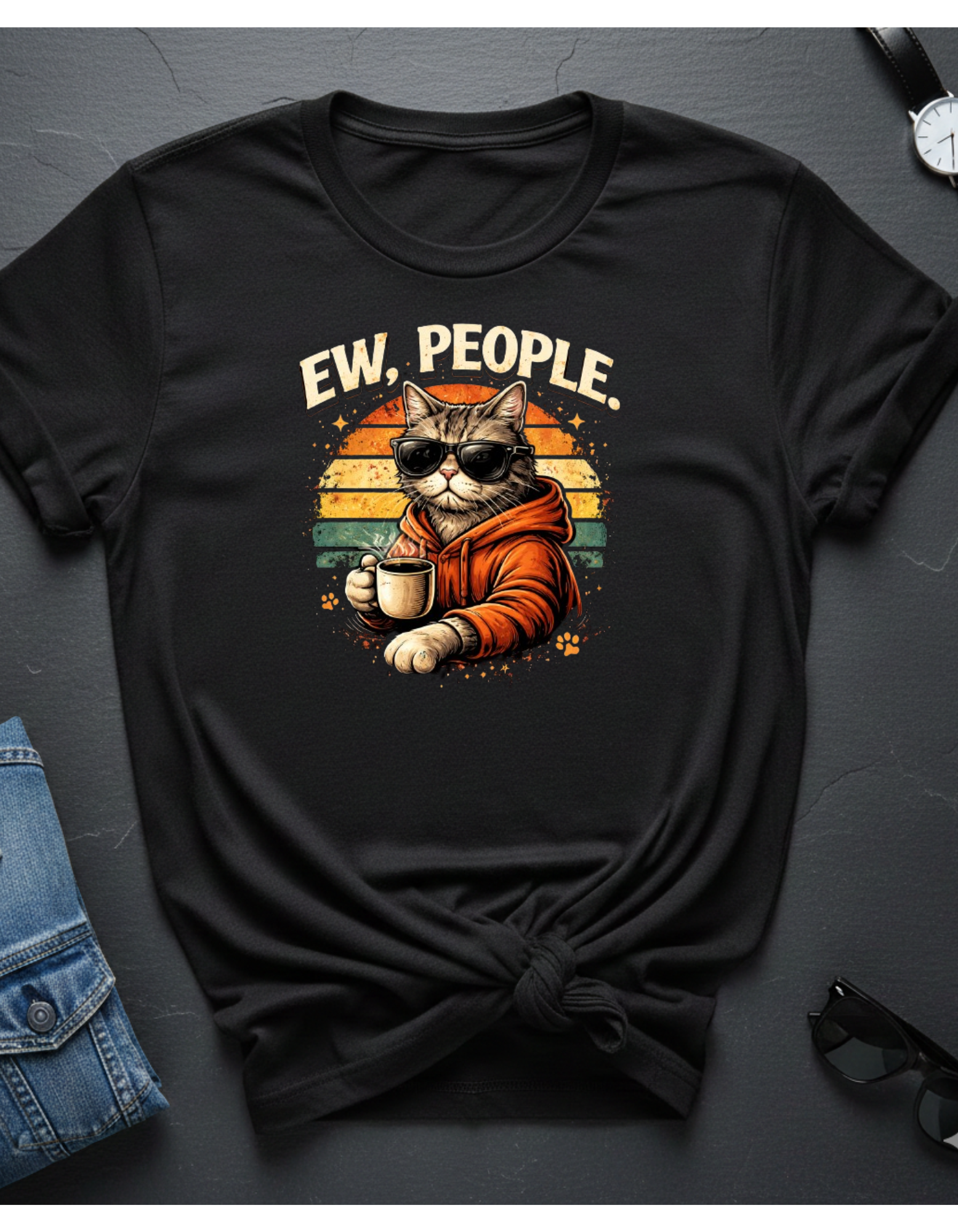 Cat Coffee Vintage T-Shirt — "Ew, People" Retro Cat with Mug Graphic