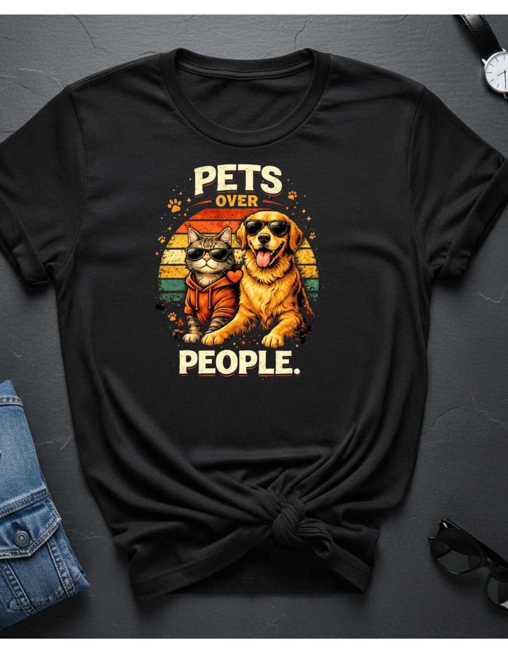 Pets Over People T-Shirt — Retro Cat & Dog Graphic Tee for Pet Lovers