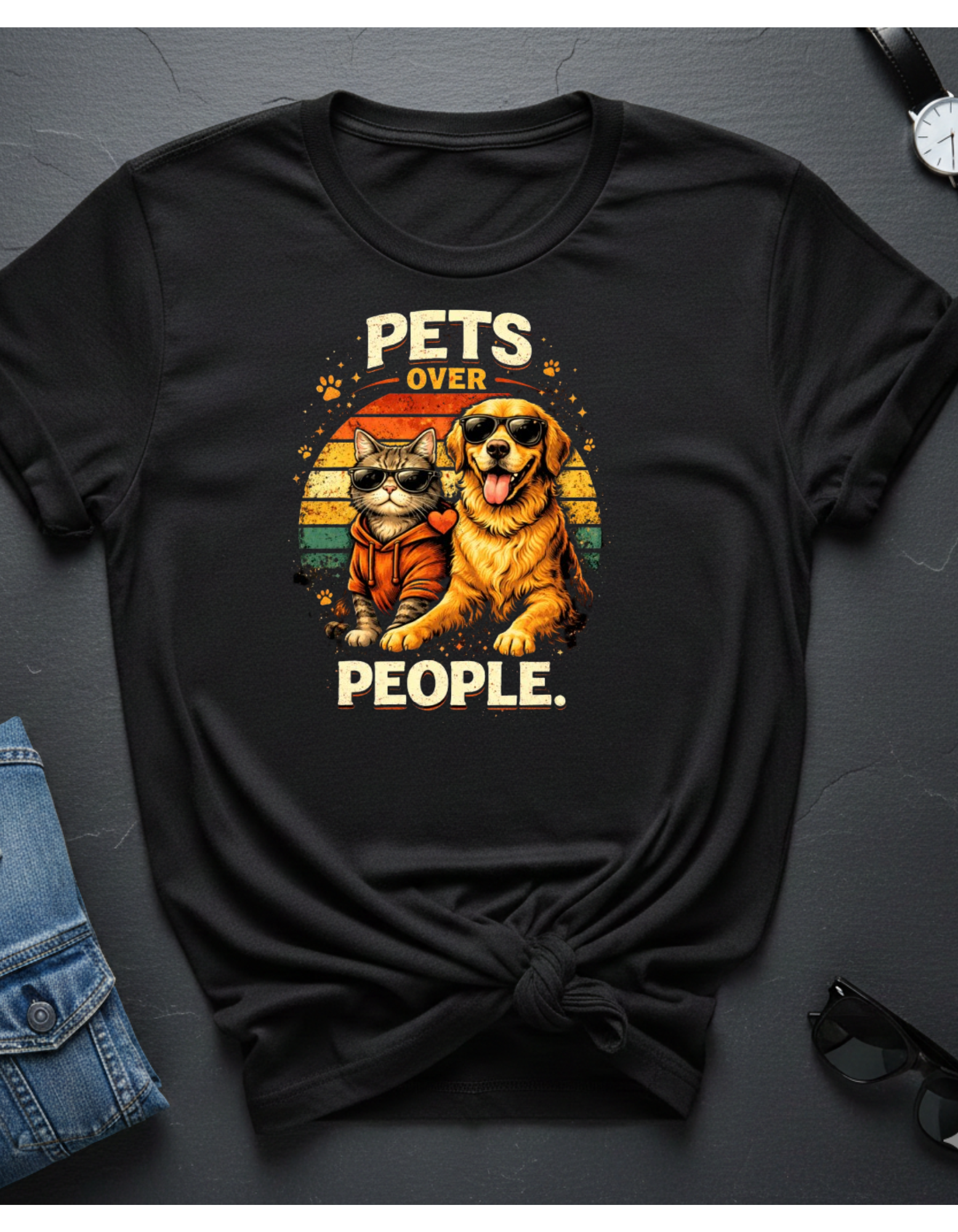 Pets Over People T-Shirt — Retro Cat & Dog Graphic Tee for Pet Lovers