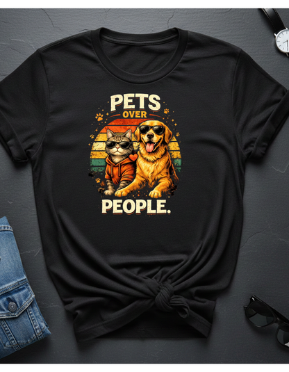 Pets Over People T-Shirt — Retro Cat & Dog Graphic Tee for Pet Lovers