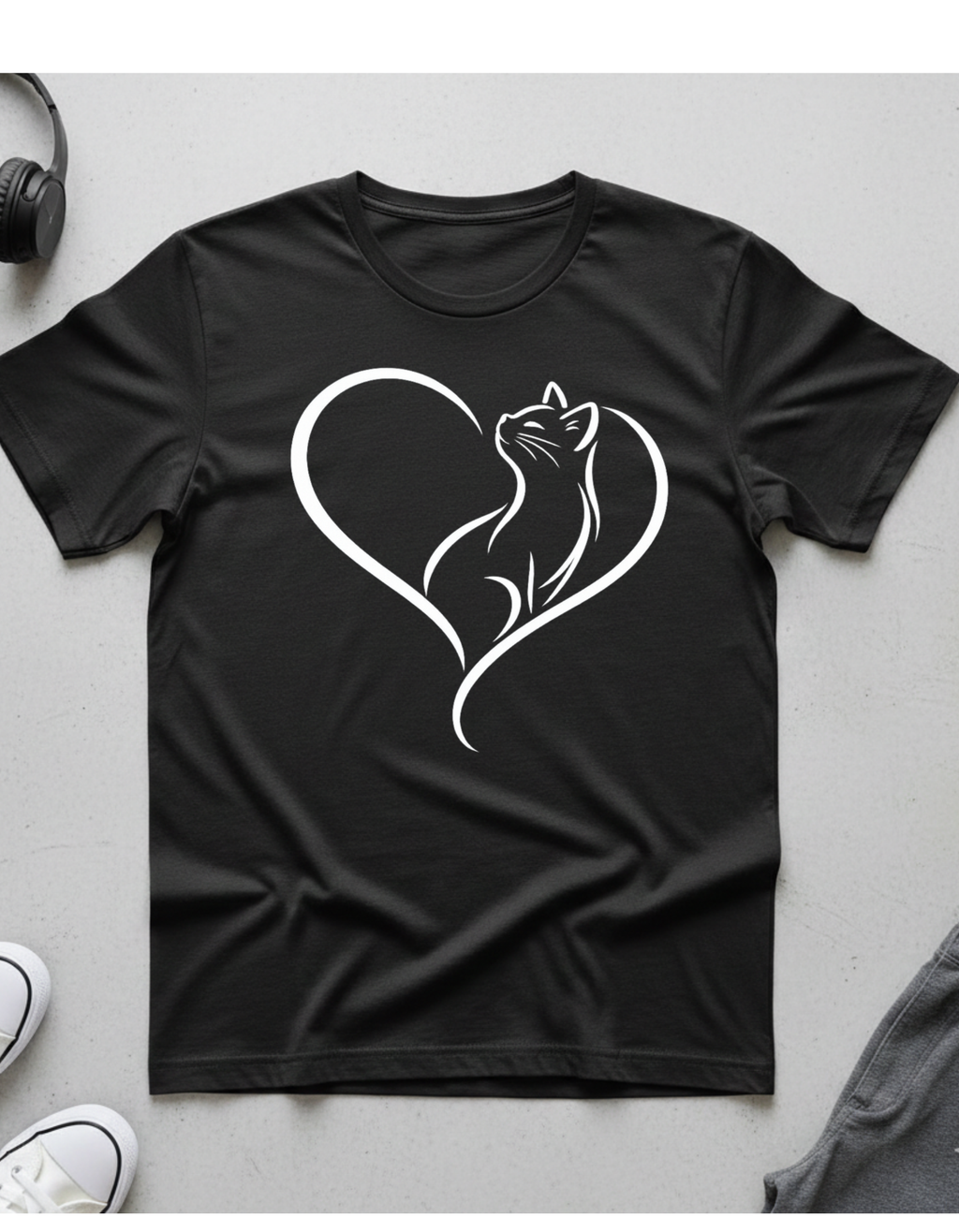 Cat Heart T-Shirt — Minimal Silhouette Cat Lover Tee