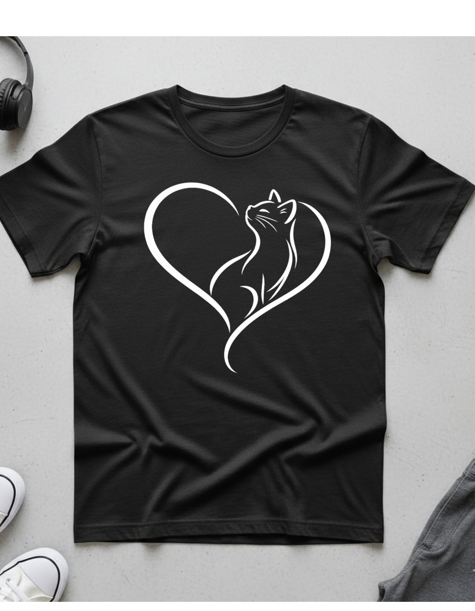 Cat Heart T-Shirt — Minimal Silhouette Cat Lover Tee