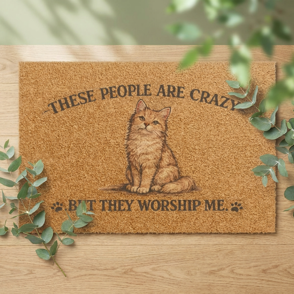 Cat Doormat — "These People Are Crazy But They Worship Me" Funny Pet Welcome Mat