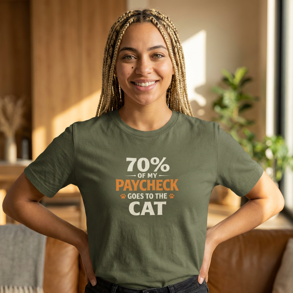T-Shirt — "70% Of My Paycheck Goes To The Cat" Funny Cat Lover Shirt