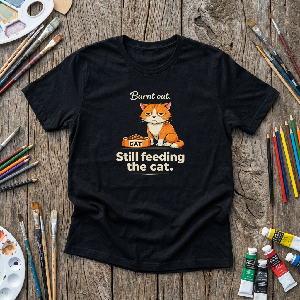 Cat T-Shirt — "Burnt Out Still Feeding the Cat" Funny Pet Mom/Dad Tee