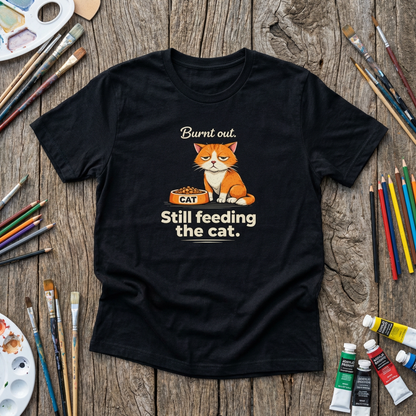 Cat T-Shirt — "Burnt Out Still Feeding the Cat" Funny Pet Mom/Dad Tee