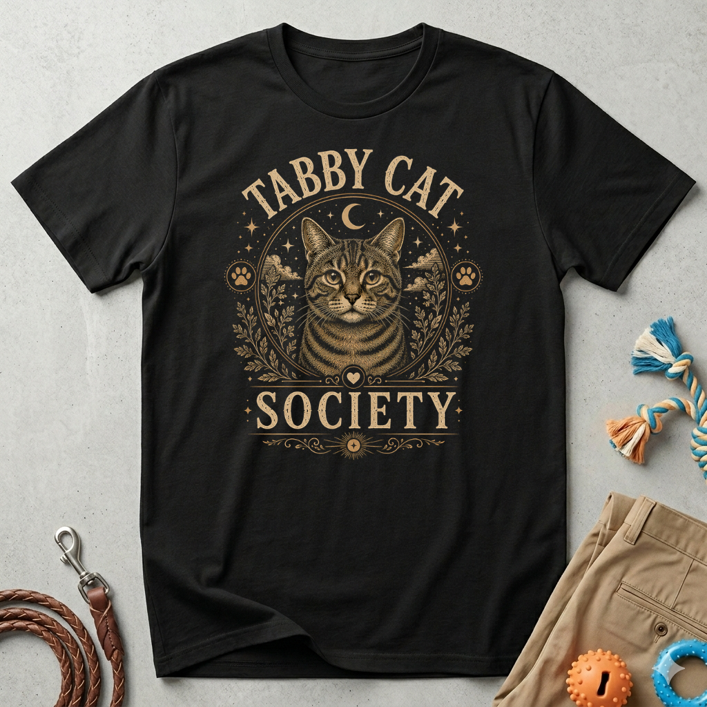 Tabby Cat Society T-Shirt — Vintage Moon & Paw Graphic Cat Lover Tee