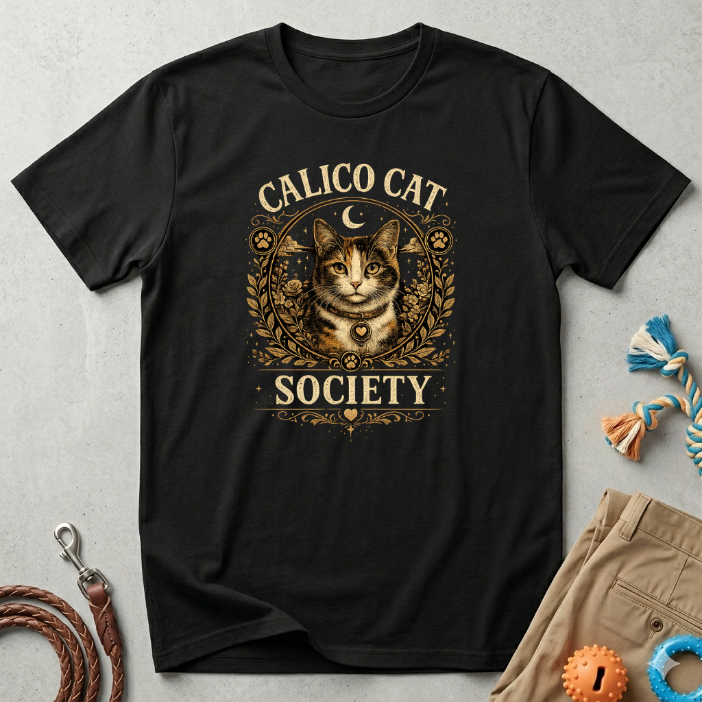 Calico Cat Society T-Shirt — Vintage Moon & Floral Cat Graphic