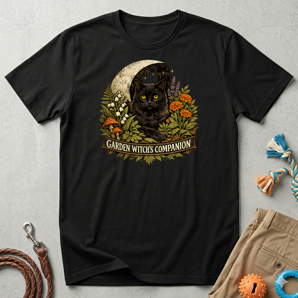 Garden Witch's Companion Cat T-Shirt — Moon, Marigold & Lily of the Valley Graphic Tee