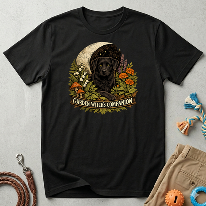 Witch’s Companion Black Dog T-Shirt — “Garden Witch’s Companion” Moon & Floral Tee