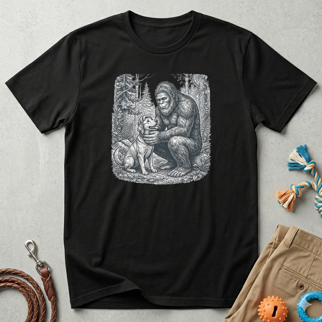 Bigfoot & Dog Graphic T-Shirt — Retro Wilderness Sasquatch Design