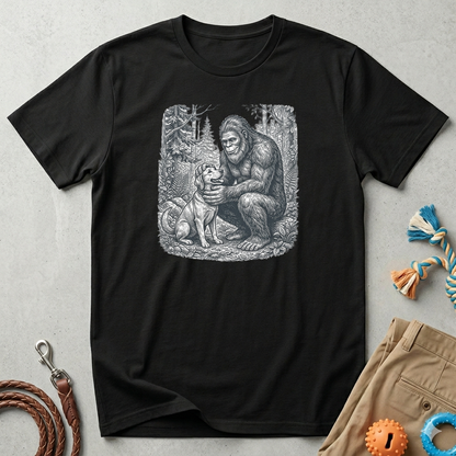 Bigfoot & Dog Graphic T-Shirt — Retro Wilderness Sasquatch Design