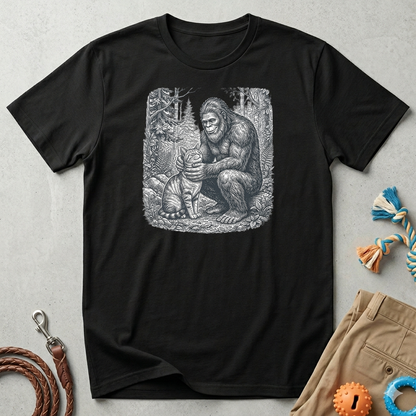 Bigfoot & Cat T-Shirt — Vintage Sasquatch Forest Illustration