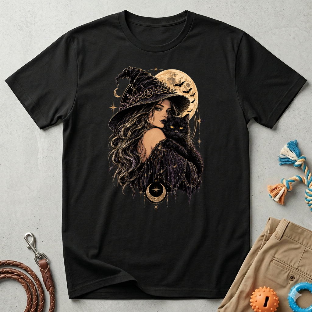 Witch & Black Cat Moon T-Shirt — Mystical Halloween Graphic Tee