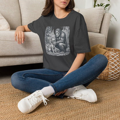 Bigfoot & Dog Graphic T-Shirt — Retro Wilderness Sasquatch Design