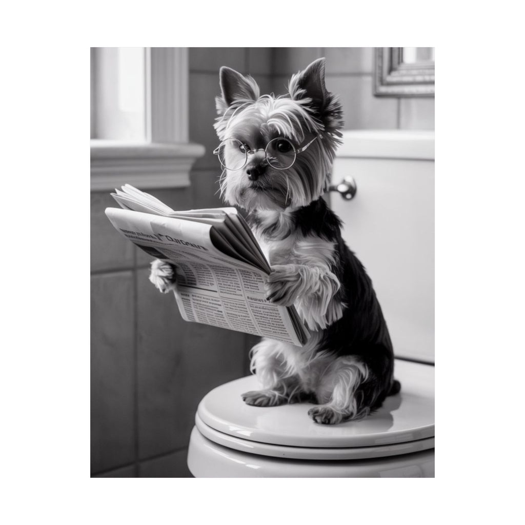 Funny Yorkie Reading Newspaper Poster — Matte Vertical Dog Wall Art