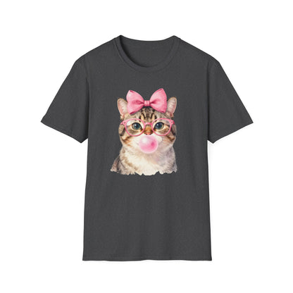 Camiseta de gato adorable: gatito con gafas, lazo rosa y chicle