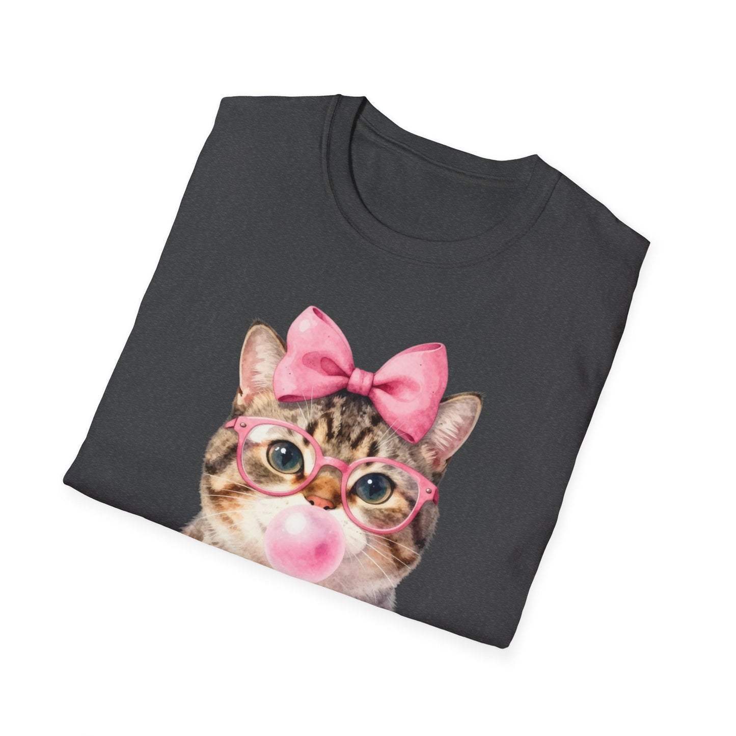 Camiseta de gato adorable: gatito con gafas, lazo rosa y chicle