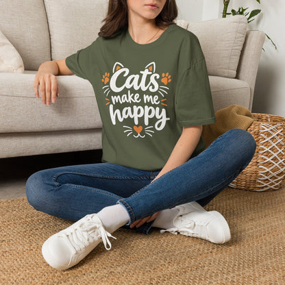 Cats make me happy T‑Shirt – Cute Paw Print & Heart Graphic Tee