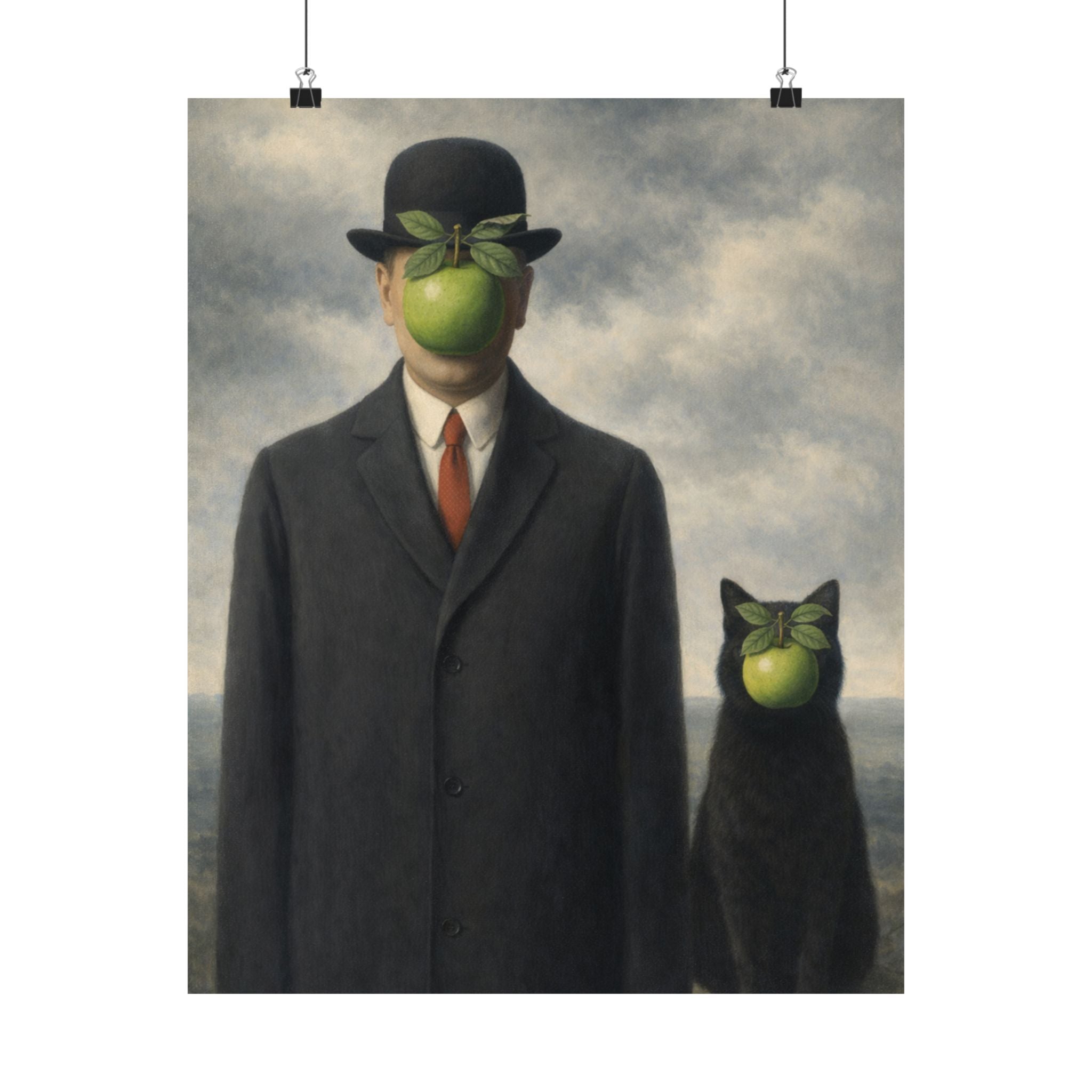 Digital download Surreal Apple-Faced Man & Cat Matte Poster — Vintage René Magritte Style Art Print