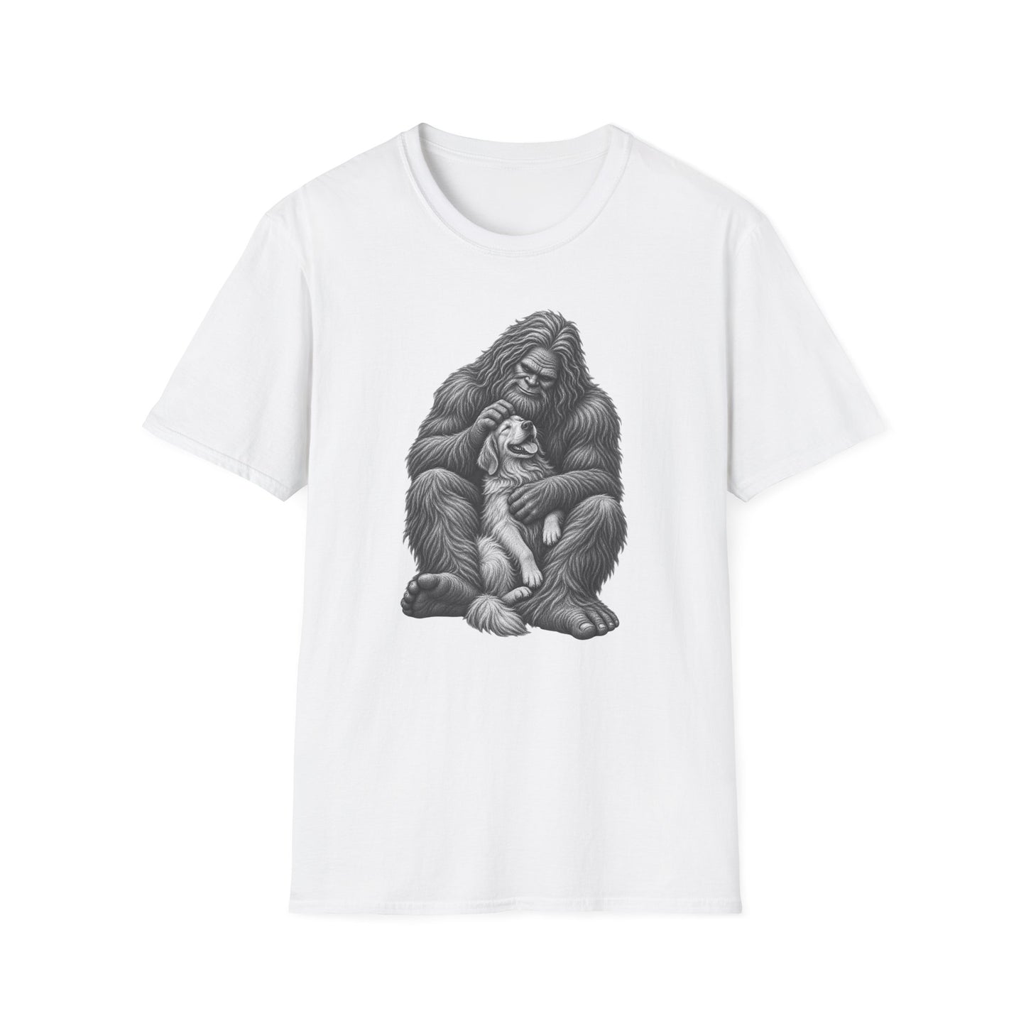 Bigfoot & Puppy Tee — Gentle Sasquatch Holding Dog Graphic T-Shirt